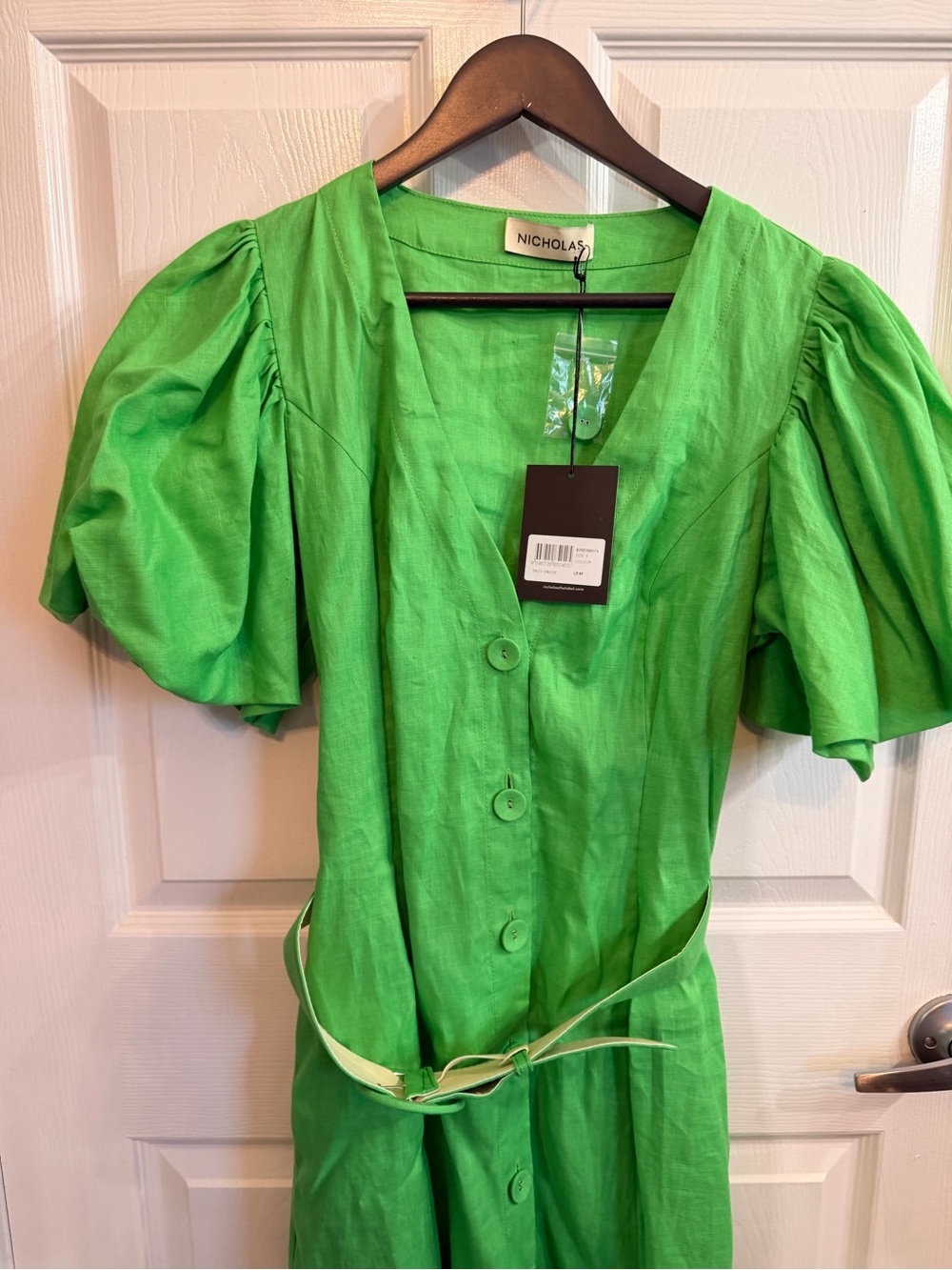 NICHOLAS Bright Green Puff-Sleeve Button Belter Linen Dress